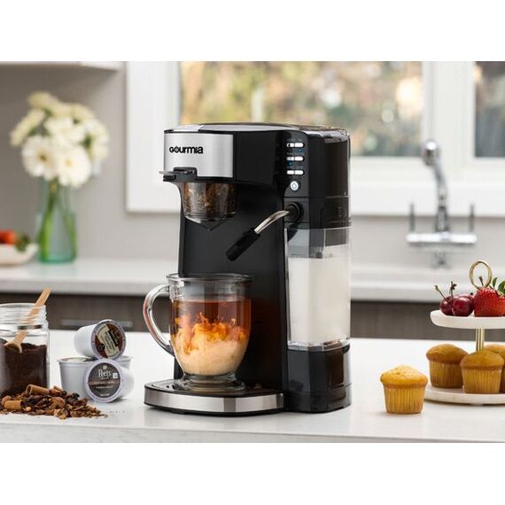 Gourmia - single Serve K-Cup Pod coffee Maker with Built-In Frother - Black/Stainless Steel, 7 image